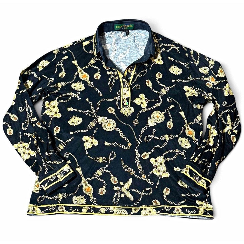 Vtg 90s Baroque Chain Print Top Womens S Black Gold Mercerized Cotton Mob Wife